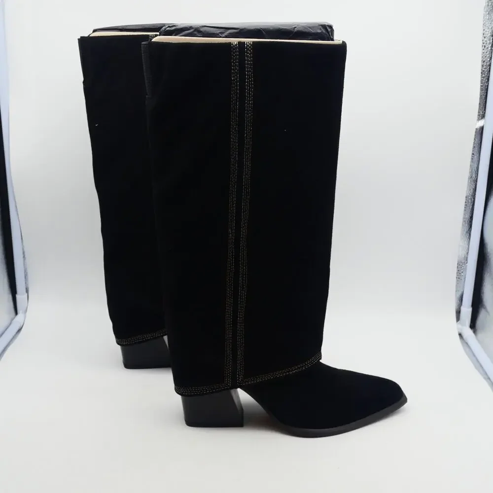 NEW Nine West Women's 8.5 Rimepy Foldover Boot Black Suede  Block Heel